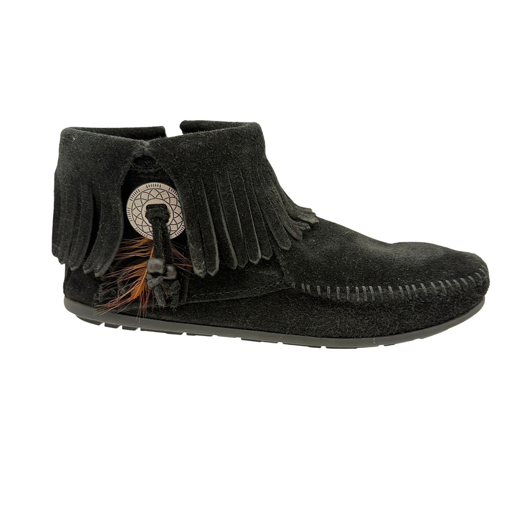 Minnetonka Black Suede Fringe Ankle Boots Zipper Side Women‎ US Size 6
